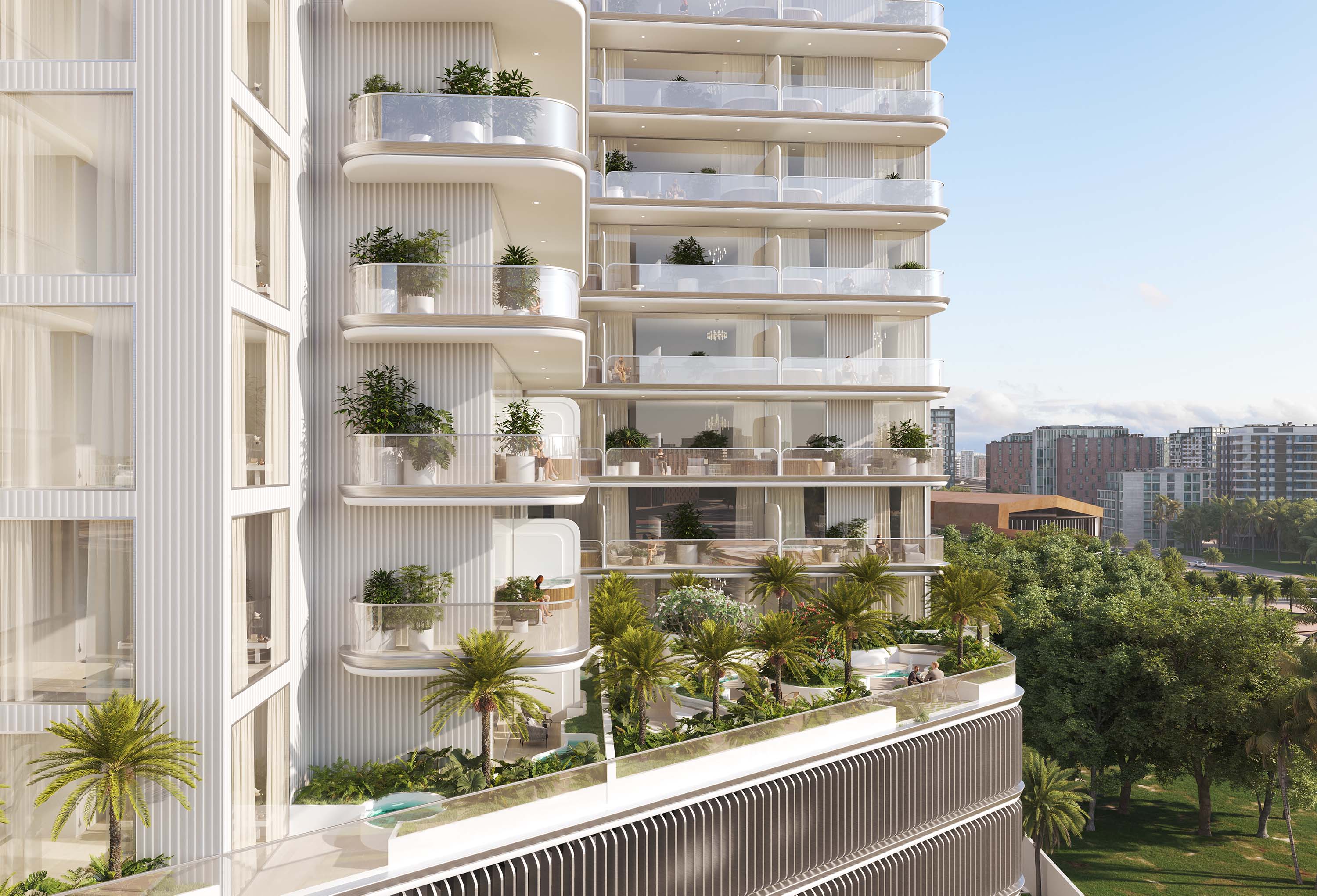 Cove Edition 4 By Imtiaz A modern apartment building with multiple balconies adorned with plants, overlooking green spaces and city skyline.